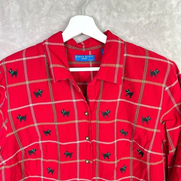 Karen Scott Tops - Vintage Karen Scott Shirt Womens Red Plaid Scottish Terrier Embroidered Size 1X